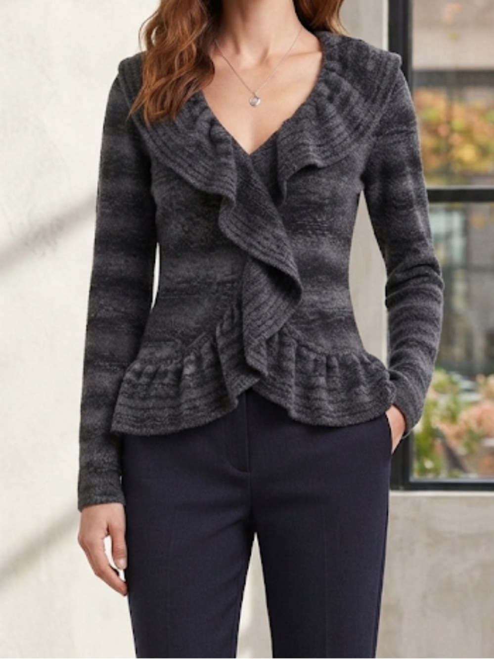 NINE WEST Sweater Y2K 2000s Cascading Ruffle Wool Blend Cardigan Small